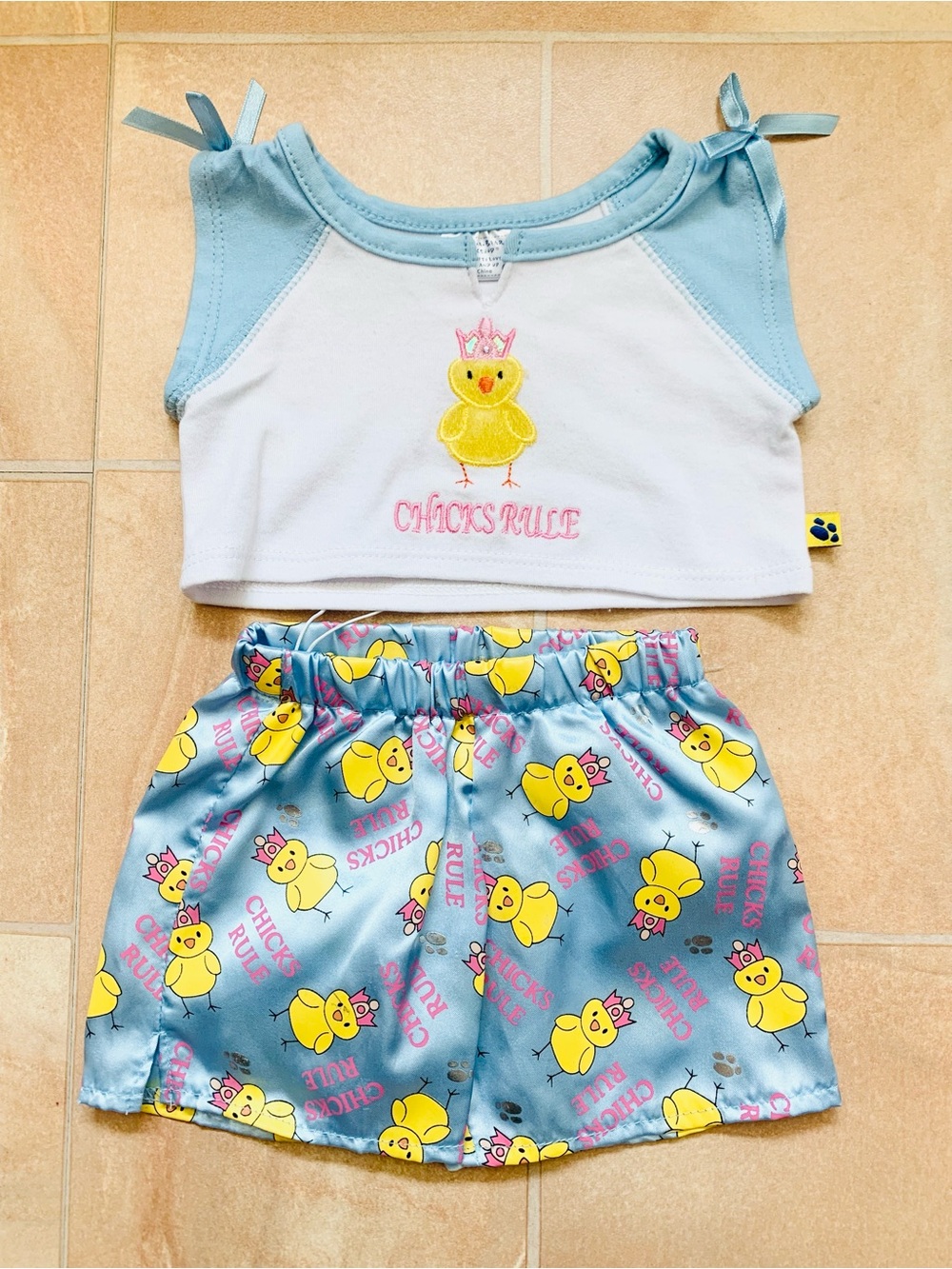 Build-A-Bear White "Chicks Rule" Shirt & Blue Satin Sleep Shorts Pajamas Outfit